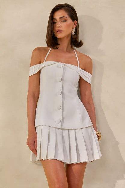 Celeta | White Bardot-Neck Mini Dress With Button-Detailing And Pleated-Hem
