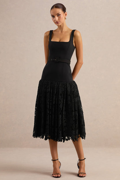 Norrie | Black Square-Neck Midi Dress With Voluminous Lace Skirt