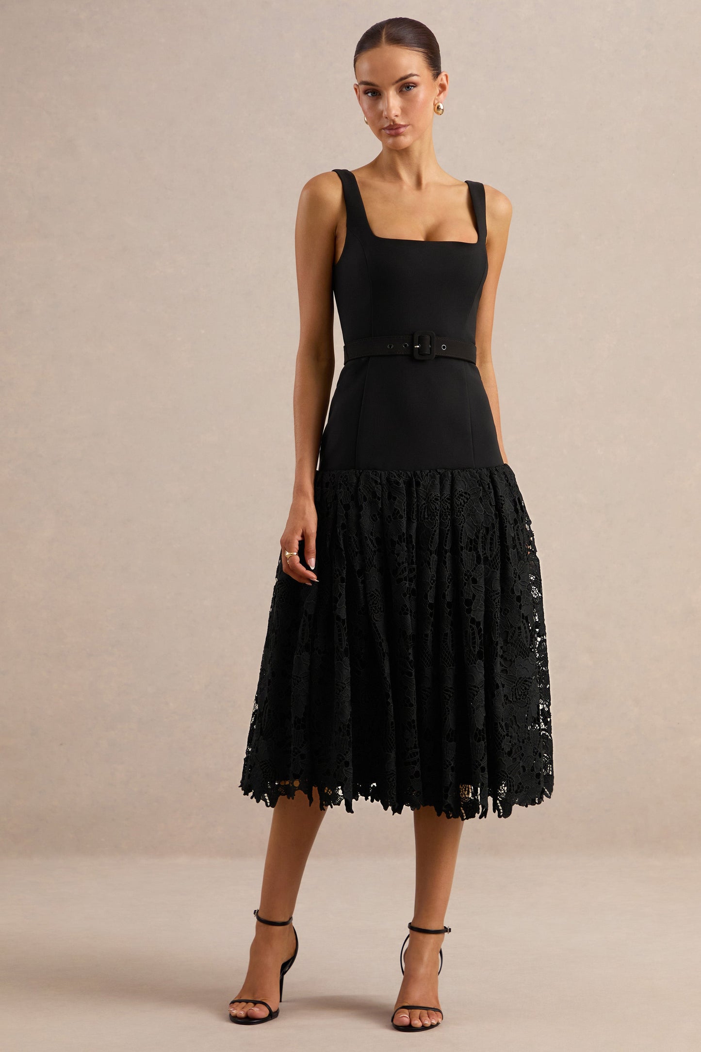 Norrie | Black Square-Neck Midi Dress With Voluminous Lace Skirt