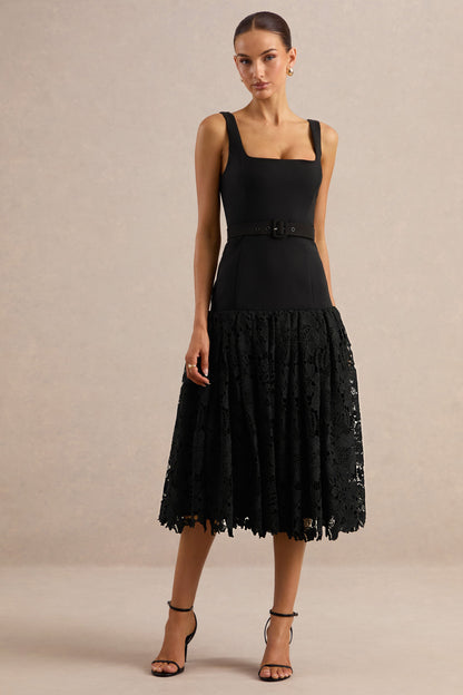 Norrie | Black Square-Neck Midi Dress With Voluminous Lace Skirt
