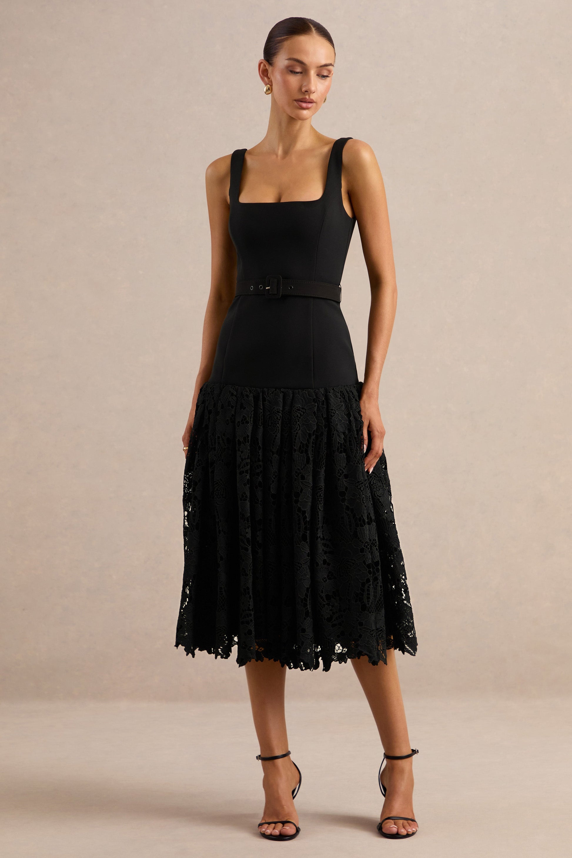 Norrie | Black Square-Neck Midi Dress With Voluminous Lace Skirt