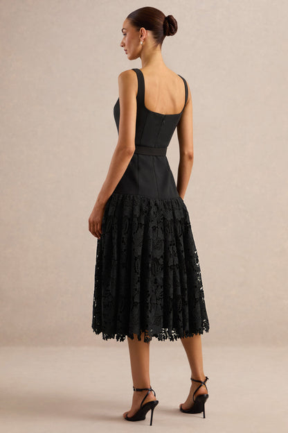 Norrie | Black Square-Neck Midi Dress With Voluminous Lace Skirt