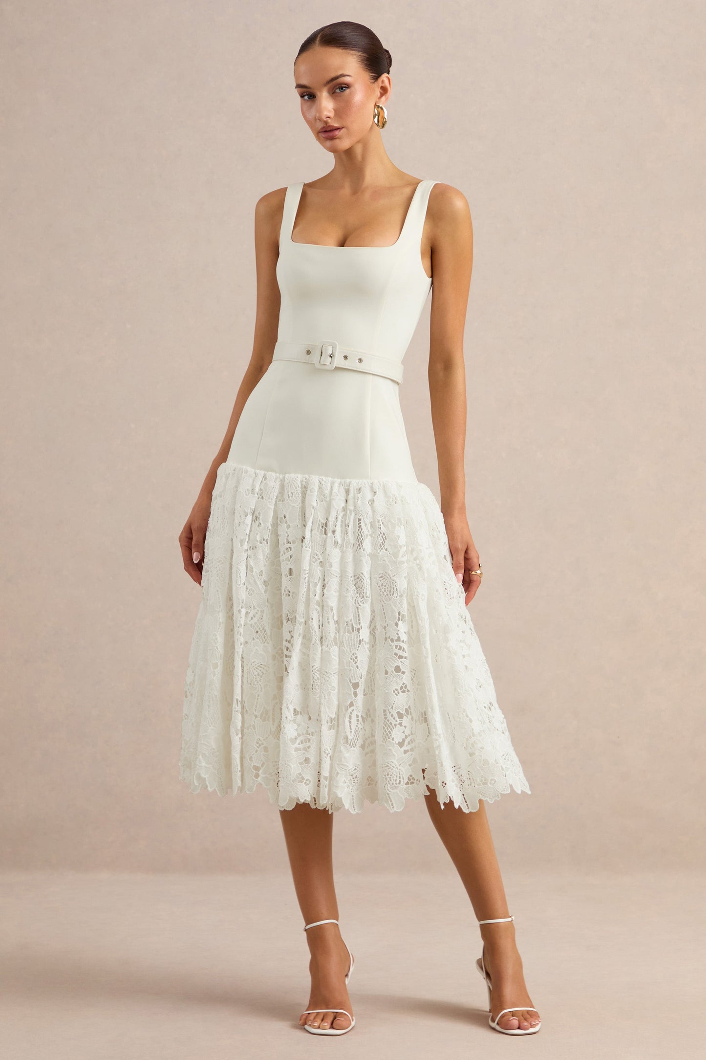 Norrie | White Lace Square-Neck Midi Dress With Voluminous Lace Skirt