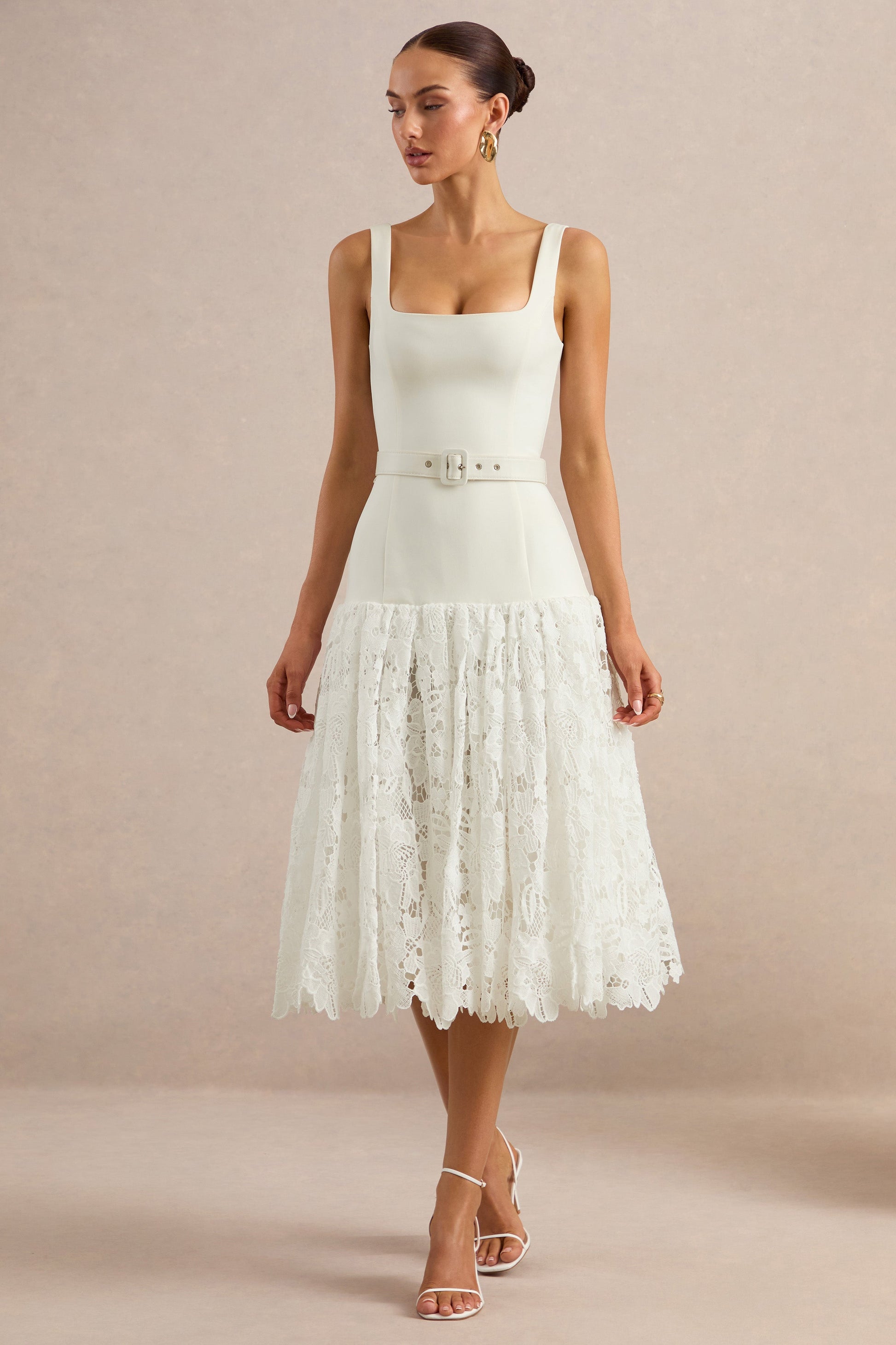 Norrie | White Lace Square-Neck Midi Dress With Voluminous Lace Skirt