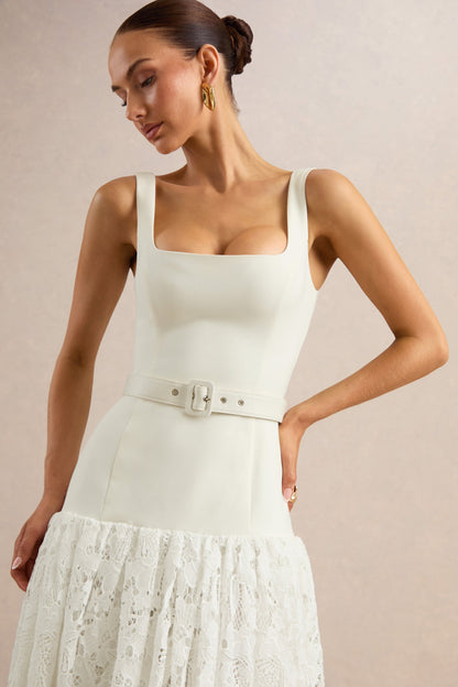 Norrie | White Lace Square-Neck Midi Dress With Voluminous Lace Skirt
