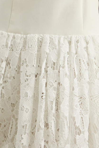 Norrie | White Lace Square-Neck Midi Dress With Voluminous Lace Skirt