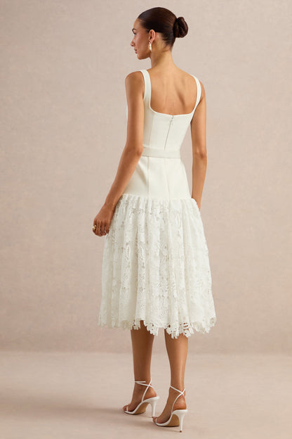 Norrie | White Lace Square-Neck Midi Dress With Voluminous Lace Skirt
