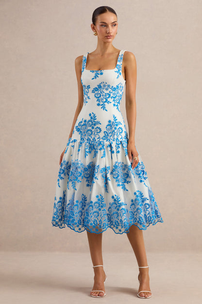 Mayra | Blue Lace Square-Neck Midi Dress With Voluminous Skirt