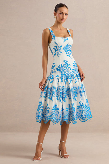 Mayra | Blue Lace Square-Neck Midi Dress With Voluminous Skirt