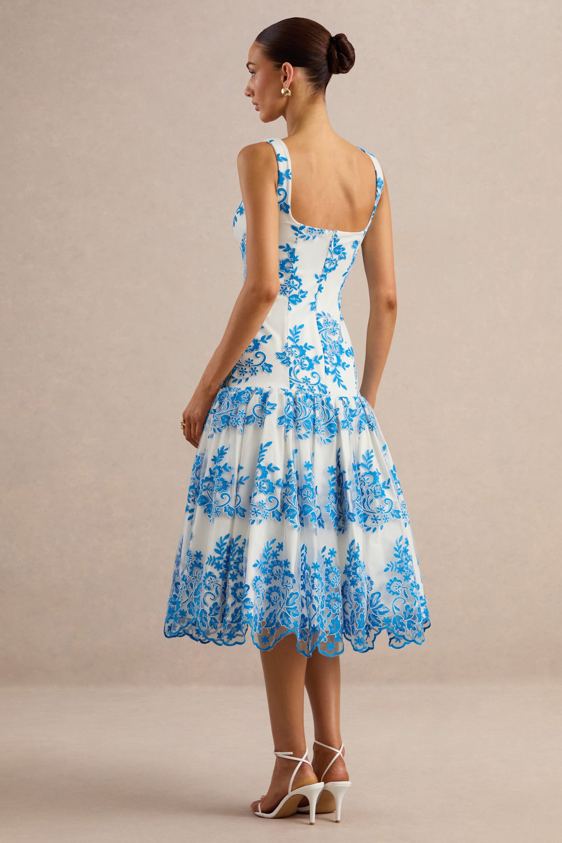 Mayra | Blue Lace Square-Neck Midi Dress With Voluminous Skirt