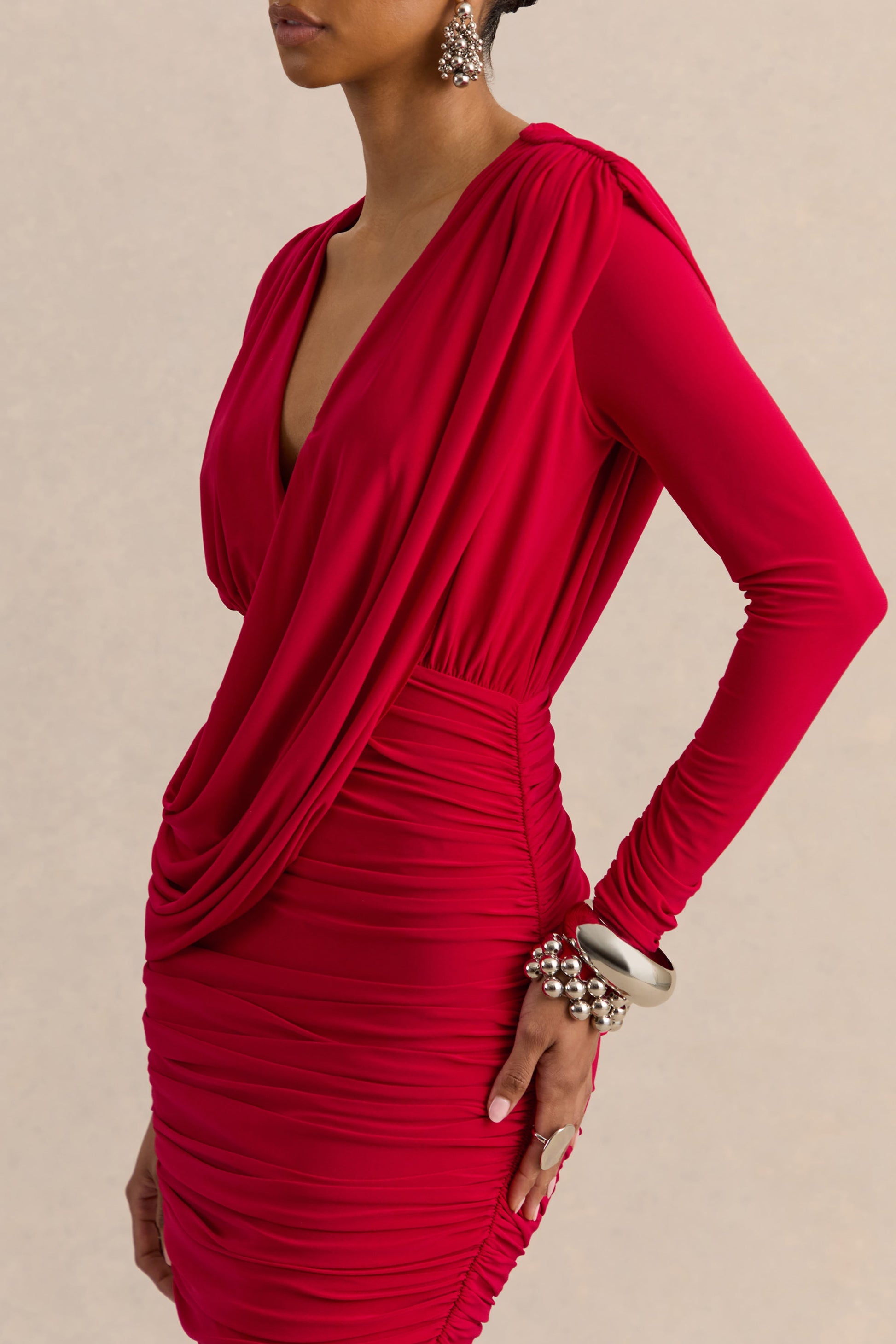 Ajana | Red Plunge-Neck Wrapped Mini Dress
