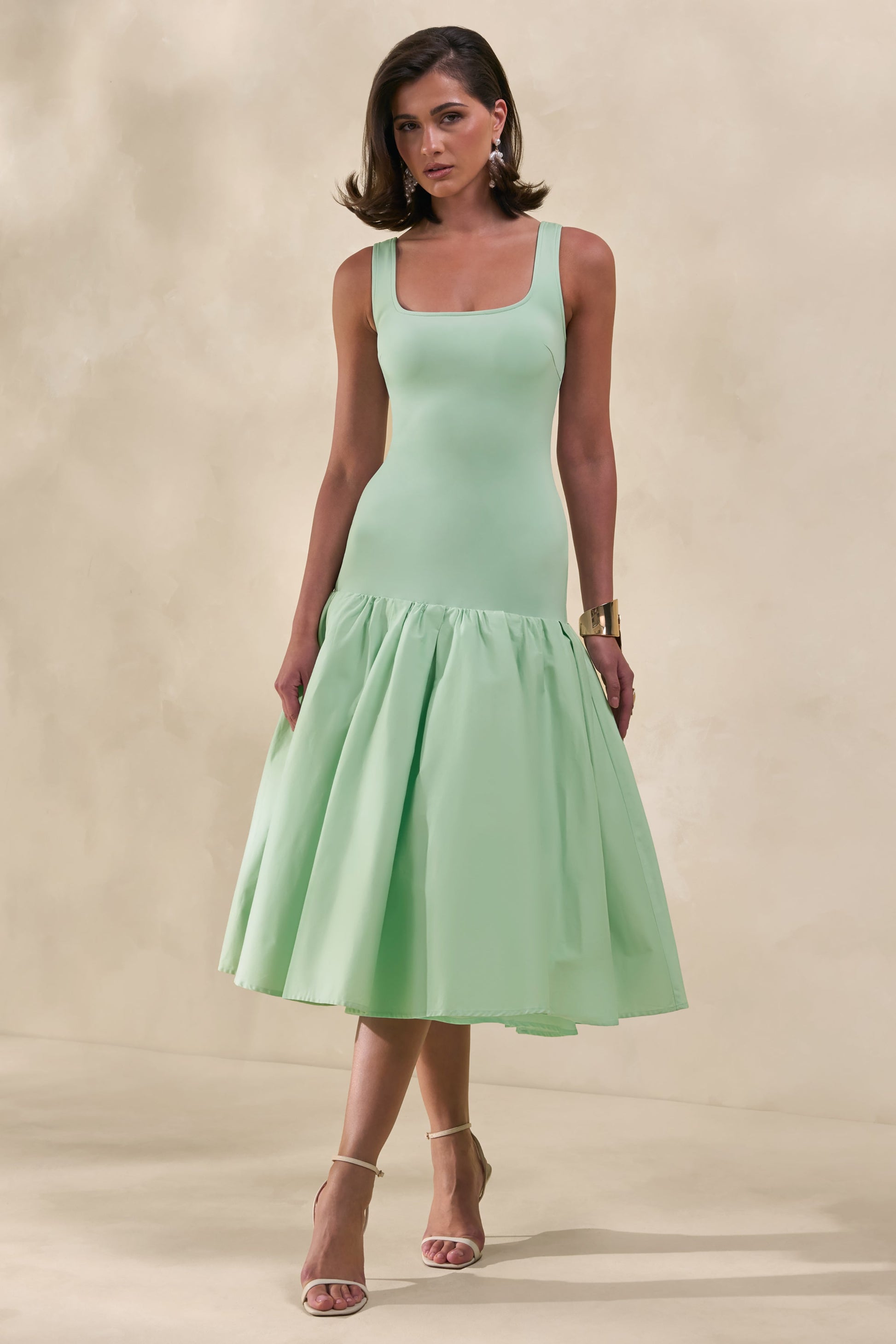 Nanette | Mint Square-Neck Midi Dress With Voluminous Skirt