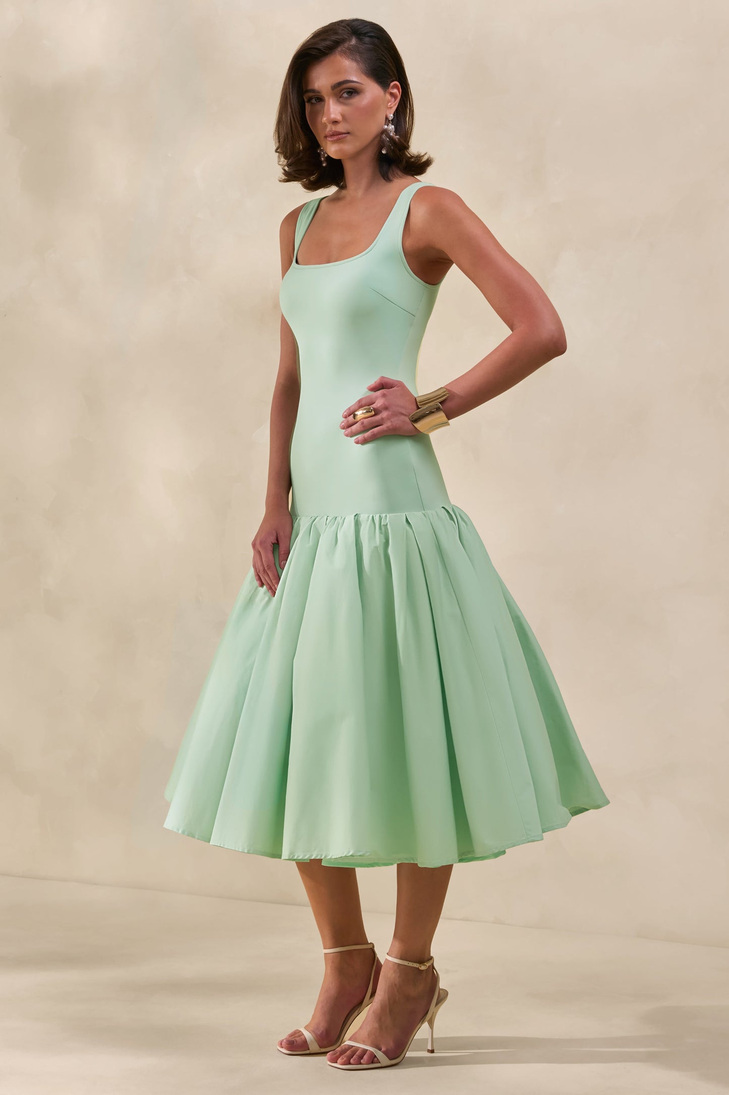 Nanette | Mint Square-Neck Midi Dress With Voluminous Skirt