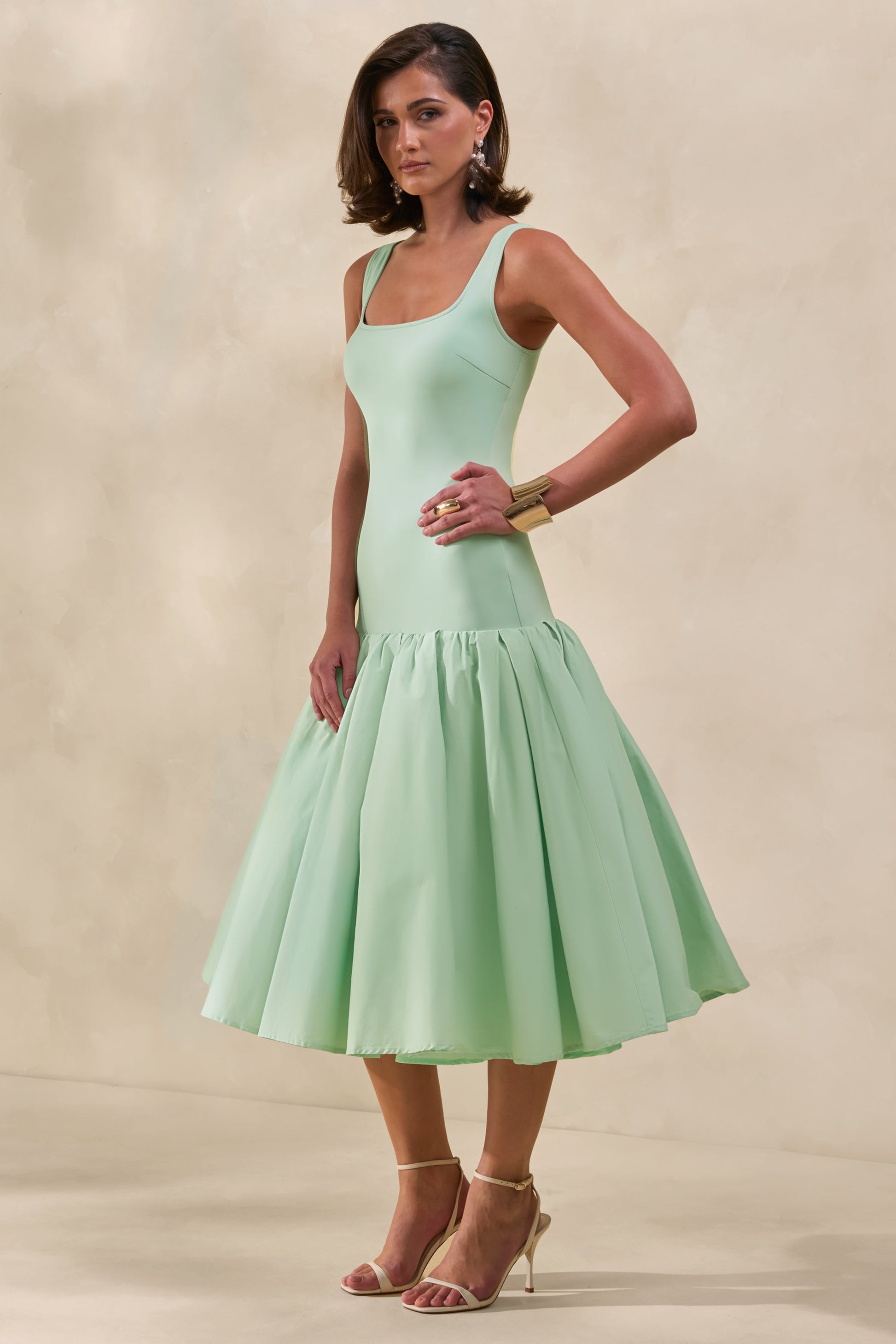 Nanette | Mint Square-Neck Midi Dress With Voluminous Skirt