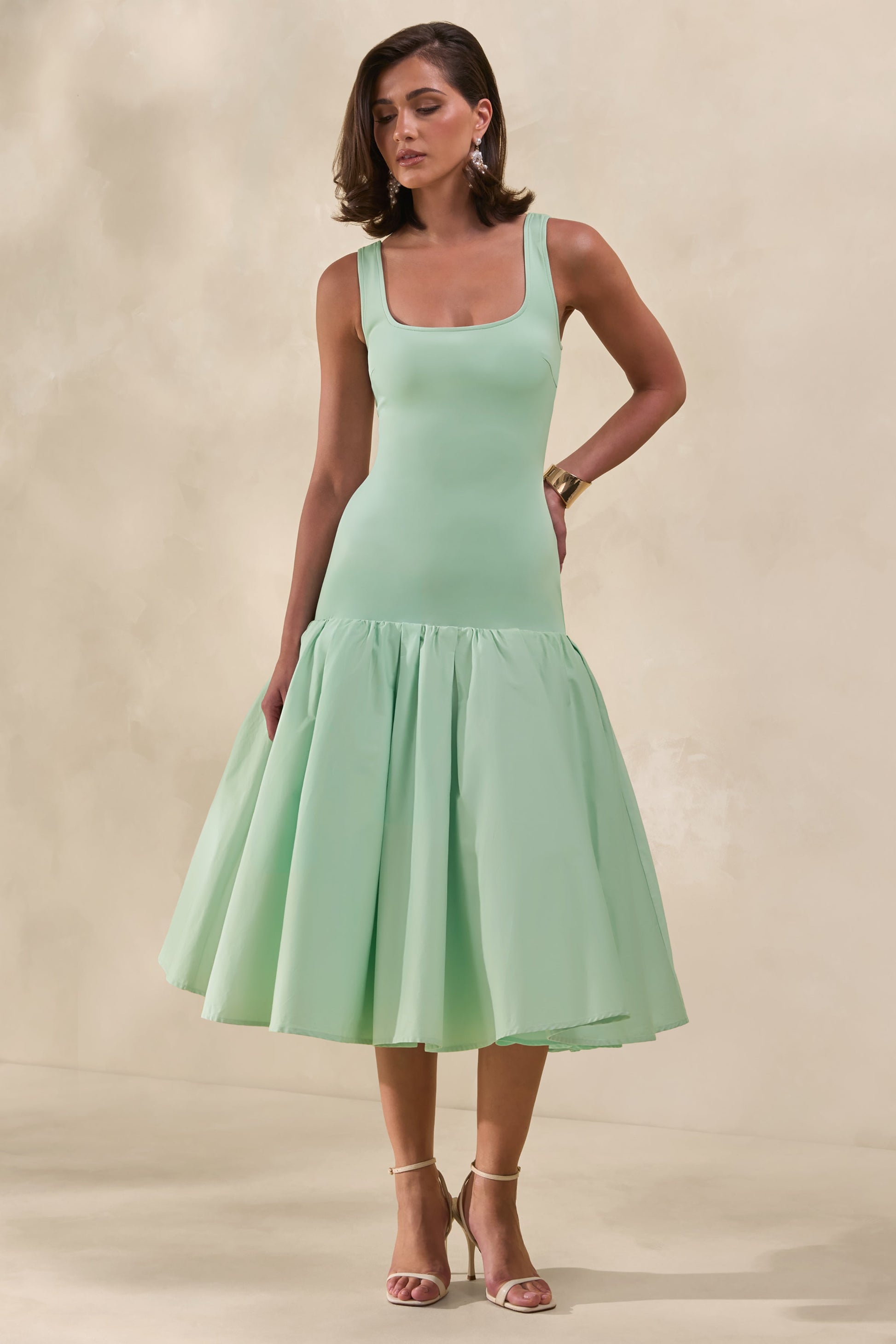 Nanette | Mint Square-Neck Midi Dress With Voluminous Skirt