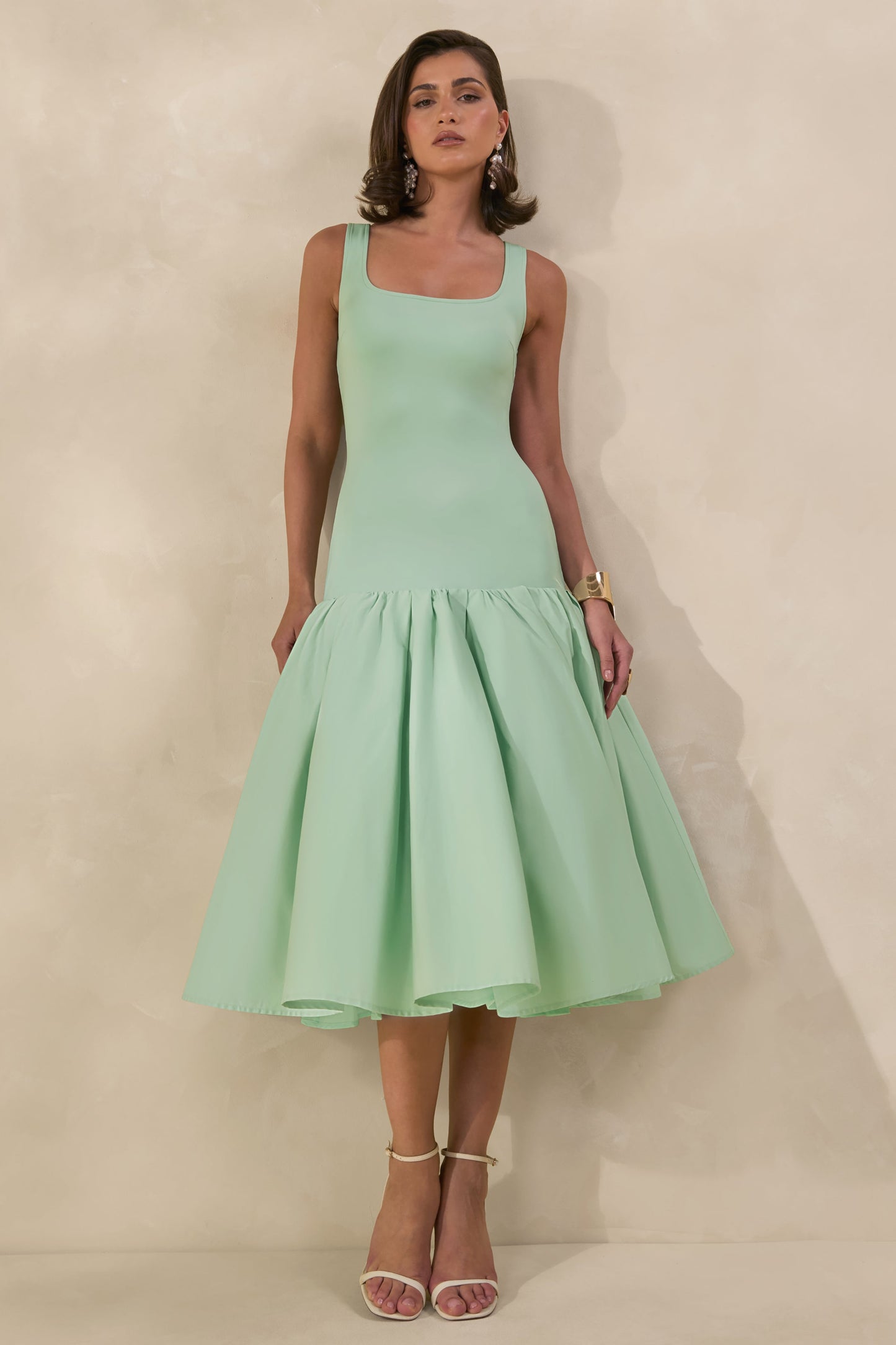 Nanette | Mint Square-Neck Midi Dress With Voluminous Skirt