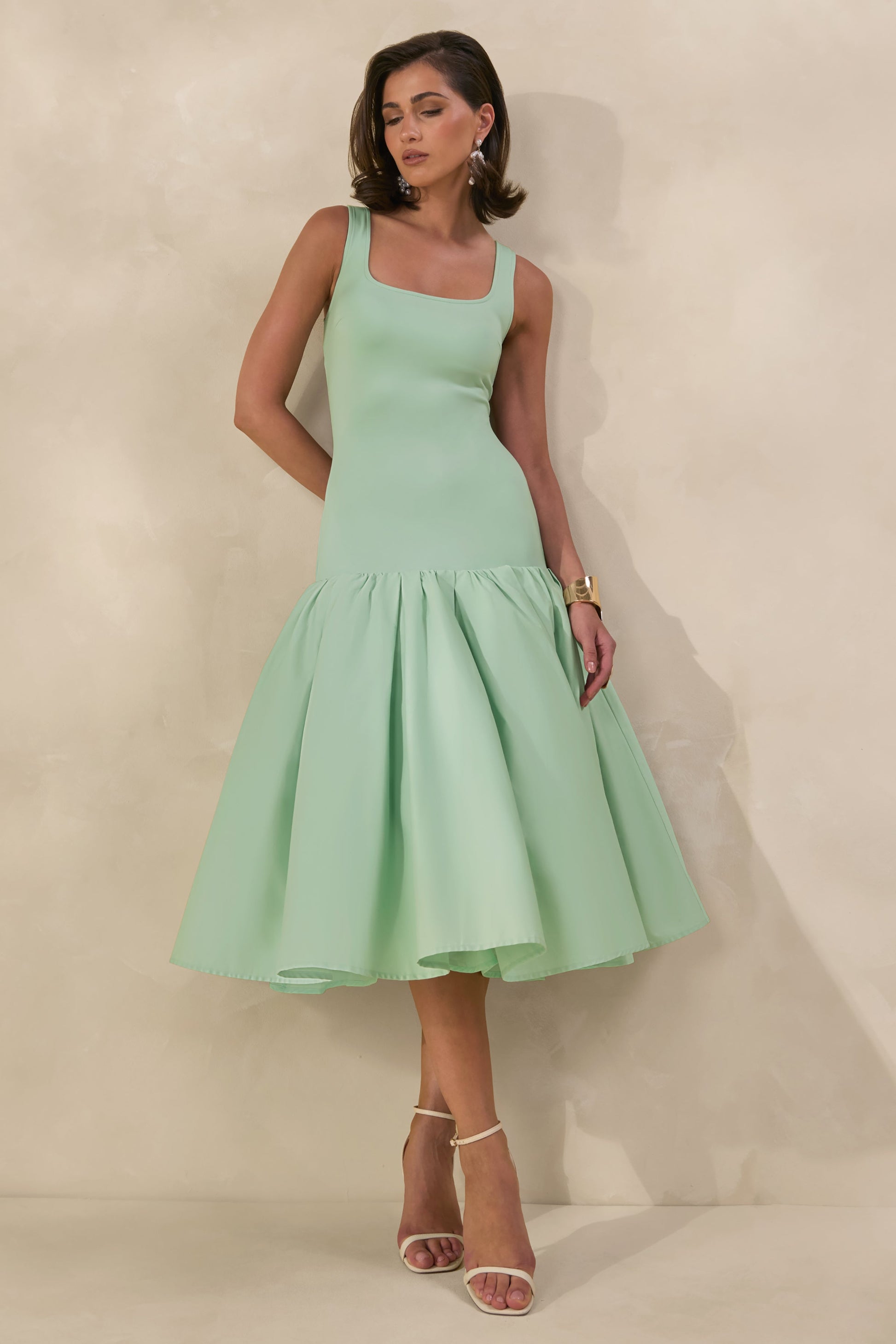 Nanette | Mint Square-Neck Midi Dress With Voluminous Skirt