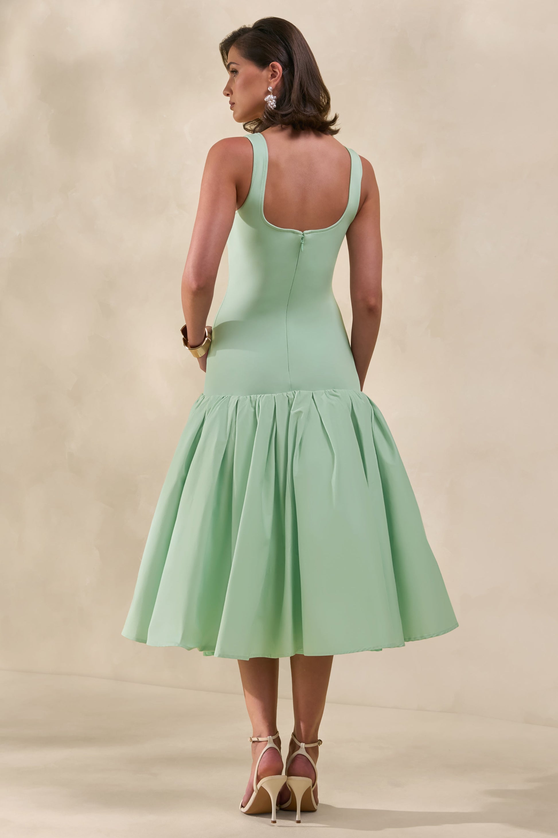 Nanette | Mint Square-Neck Midi Dress With Voluminous Skirt