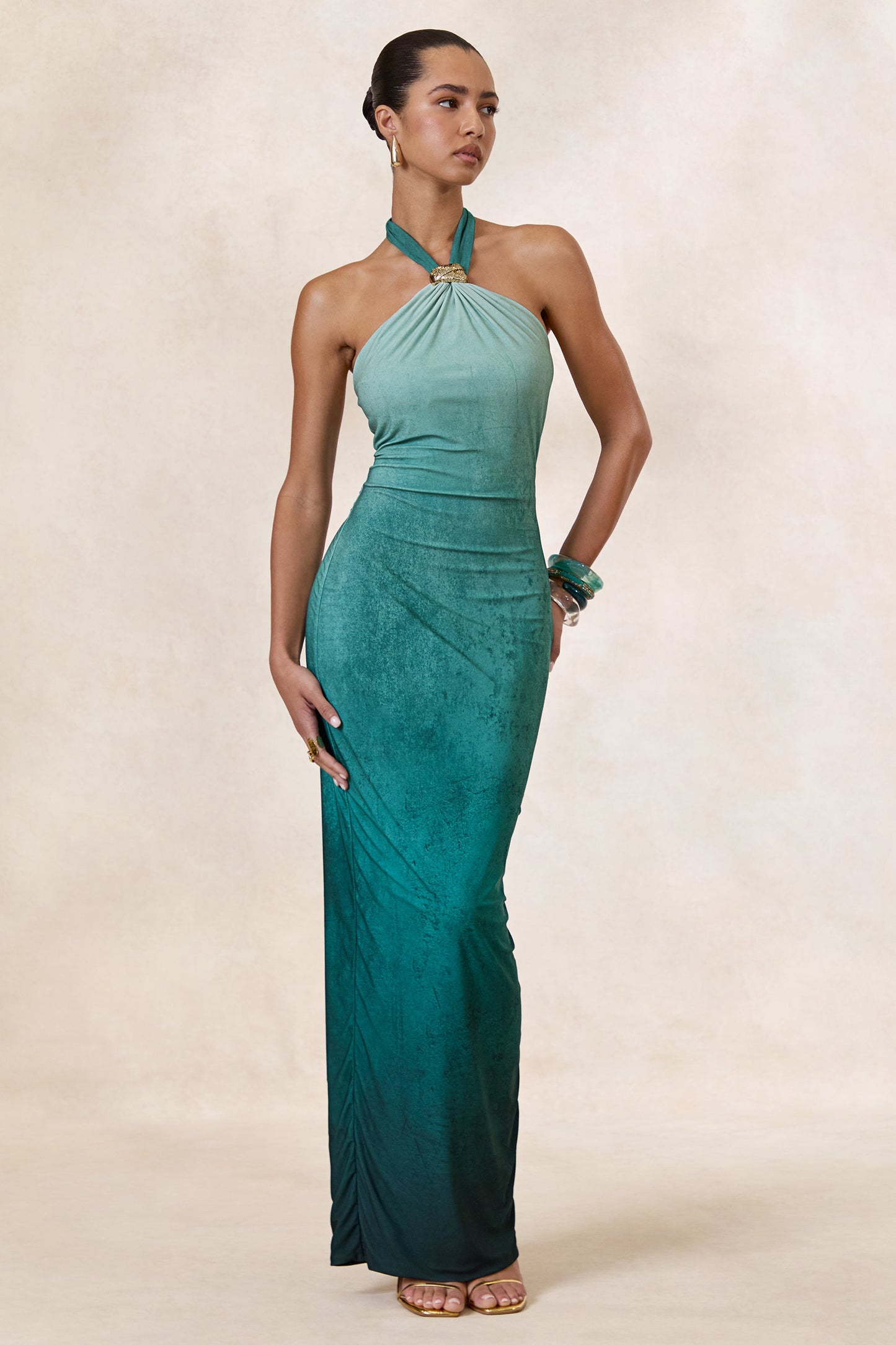 Thera | Turquoise Ombre Halter-Neck Maxi Dress With Gold Detail