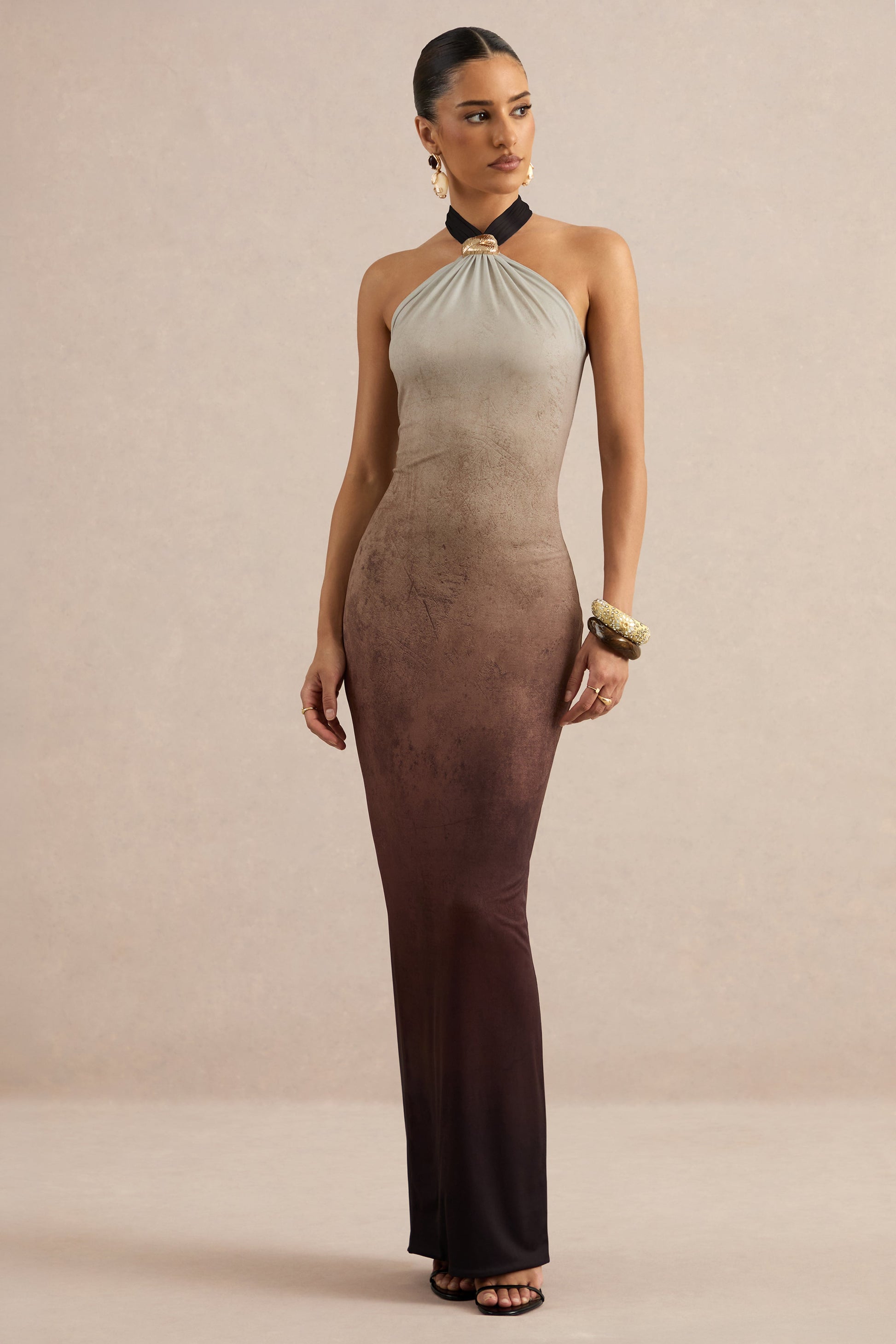 Thera | Brown Ombre Halter-Neck Maxi Dress With Gold Detail