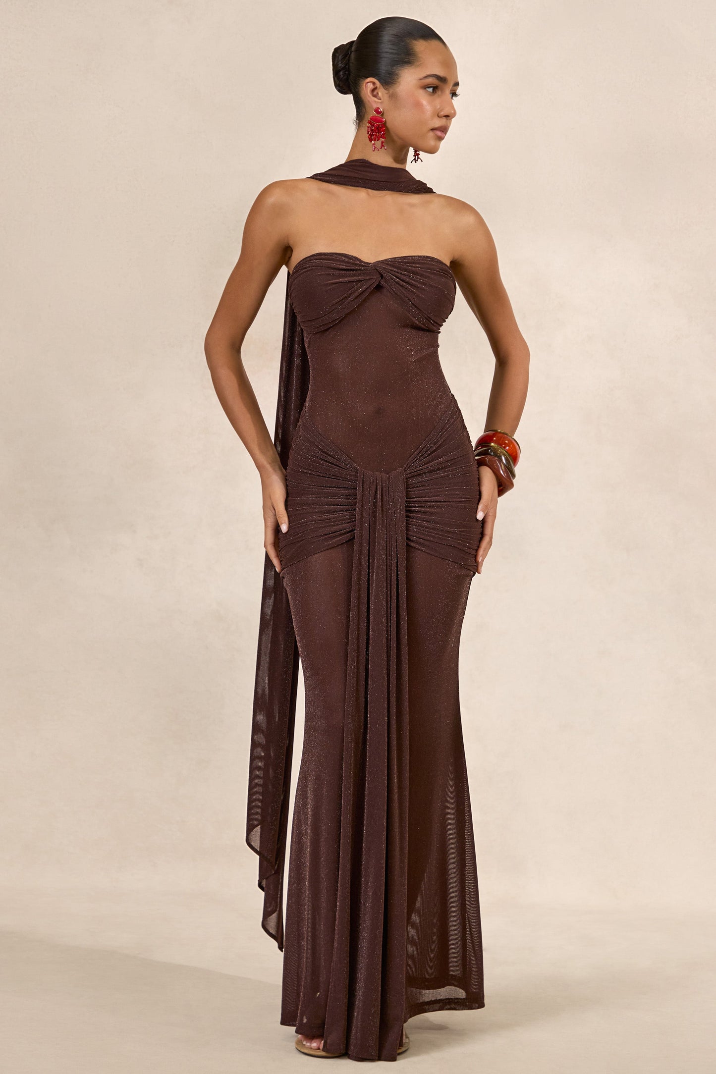 Ursa | Brown Bandeau-Neck Maxi Dress With Scarf Detail And Gathered Detailing