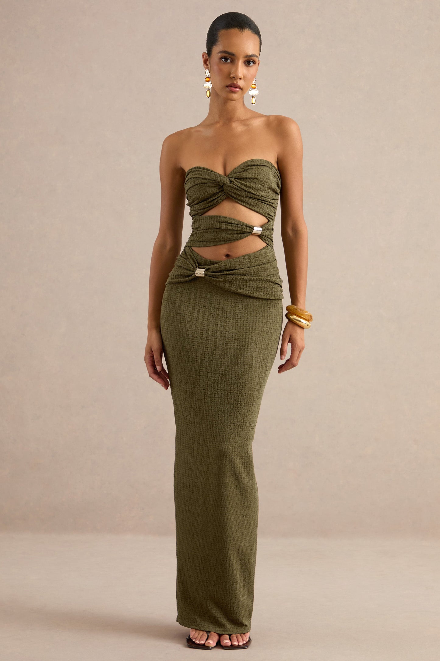 Leontine | Olive Bandeau-Neck Maxi Dress With Body Cut-Outs