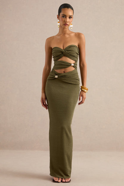 Leontine | Olive Bandeau-Neck Maxi Dress With Body Cut-Outs
