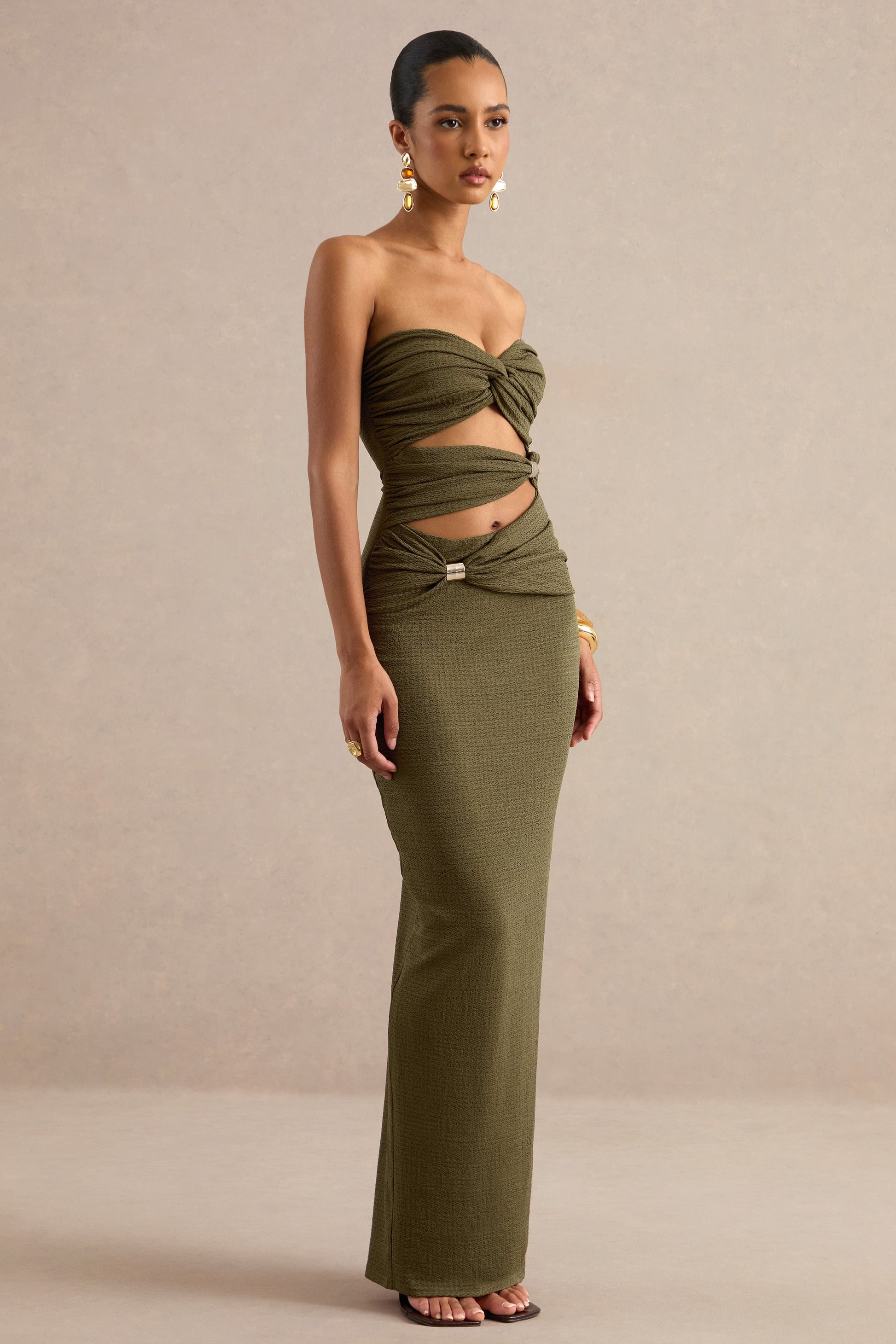 Leontine | Olive Bandeau-Neck Maxi Dress With Body Cut-Outs