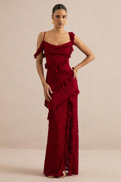 Sera | Red Lace Ruffle Trim Maxi Dress