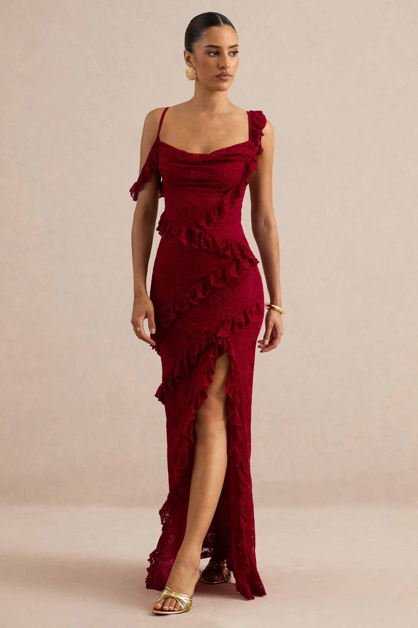Sera | Red Lace Ruffle Trim Maxi Dress