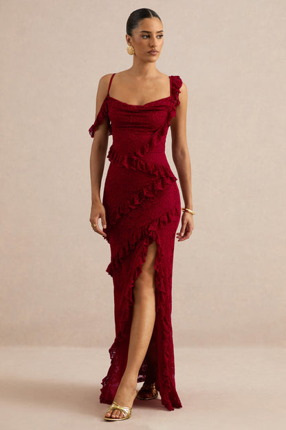 Sera | Red Lace Ruffle Trim Maxi Dress