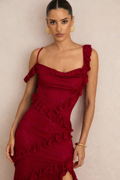 Sera | Red Lace Ruffle Trim Maxi Dress