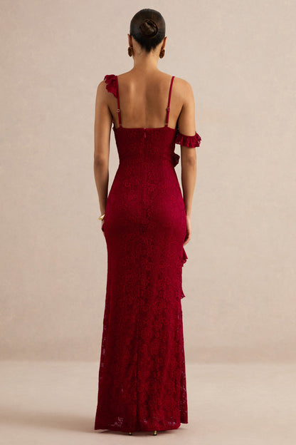 Sera | Red Lace Ruffle Trim Maxi Dress