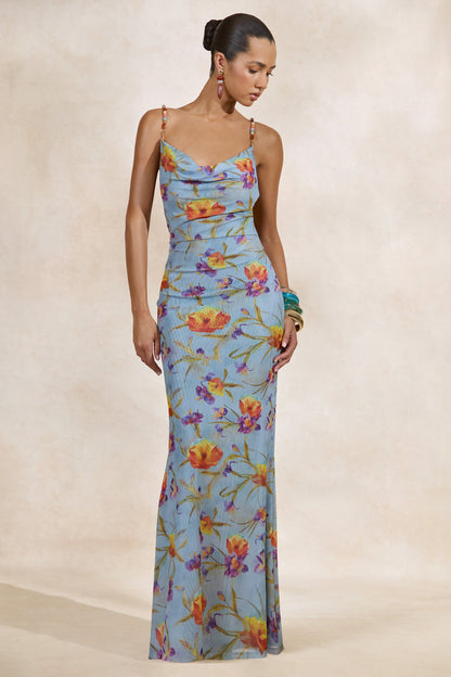 Raisa | Blue Floral Mesh Cowl-Neck Maxi Dress