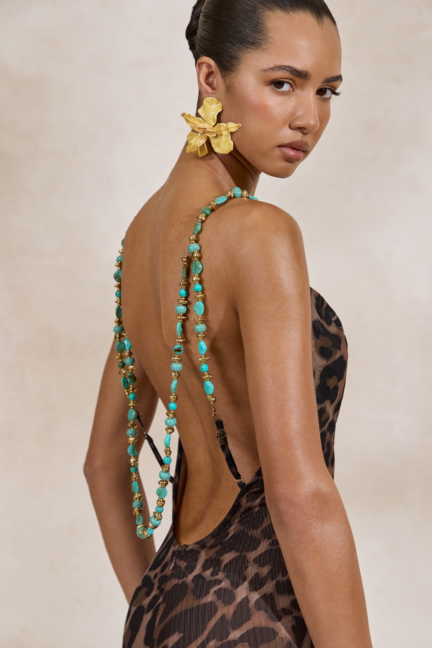 Silvana | Leopard Print Mesh Cowl-Neck Maxi Dress