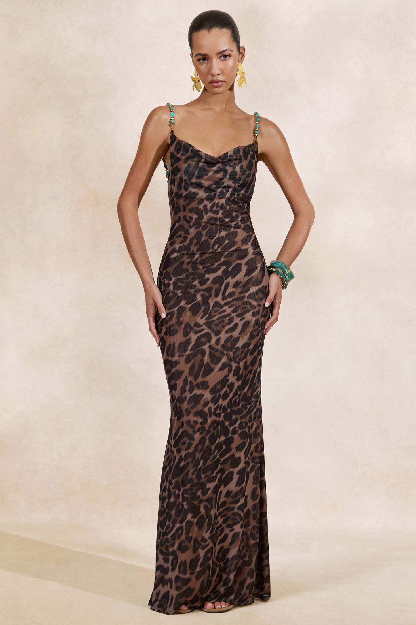 Silvana | Leopard Print Mesh Cowl-Neck Maxi Dress
