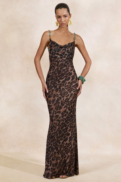 Silvana | Leopard Print Mesh Cowl-Neck Maxi Dress