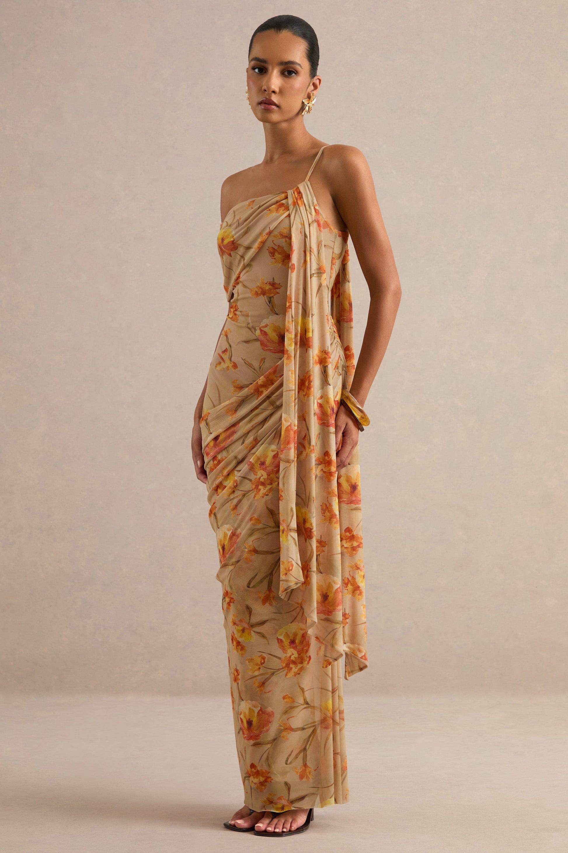 Afton | Orange Floral Mesh Asymmetric-Neck Maxi Dress With Sash Detail