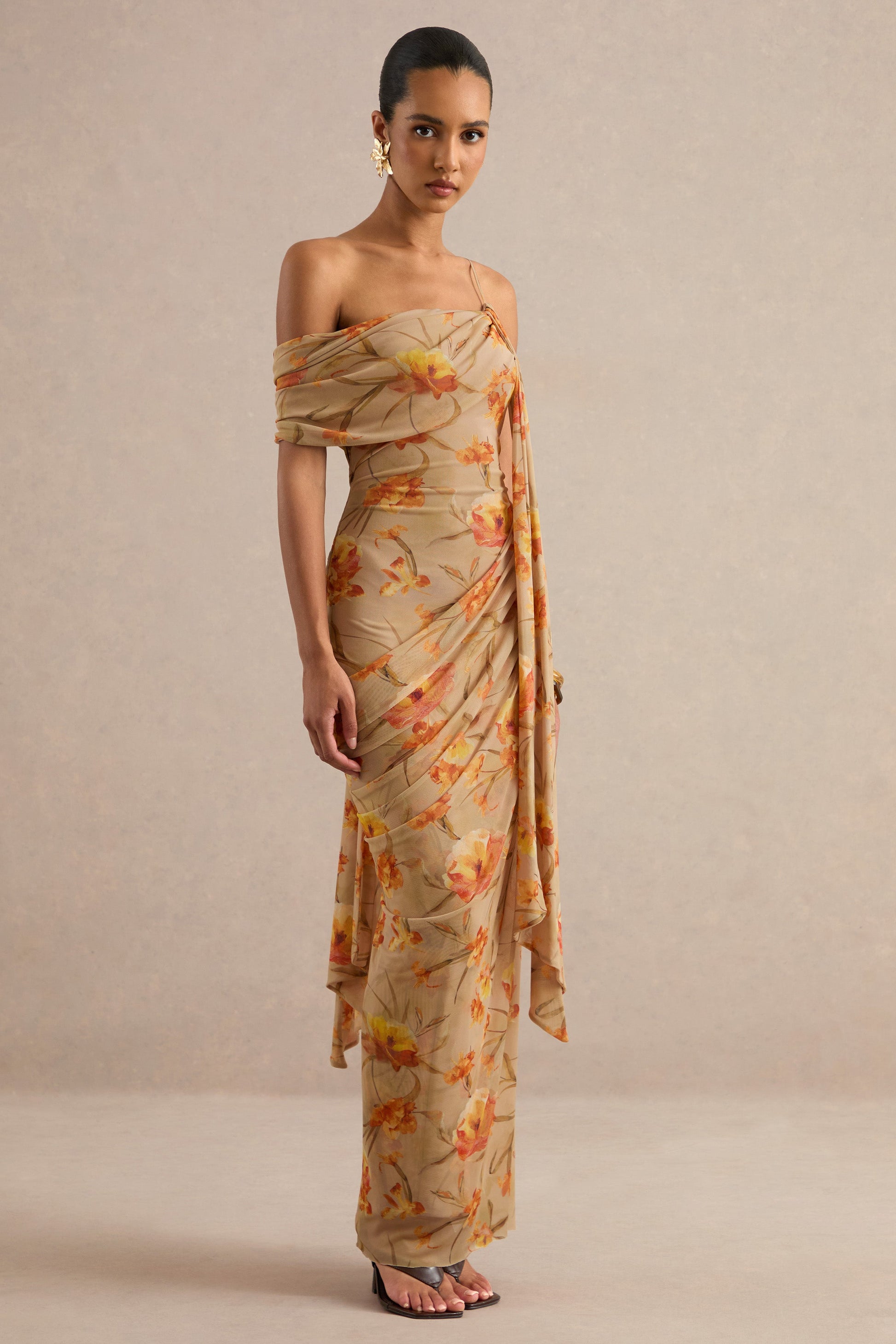 Afton | Orange Floral Mesh Asymmetric-Neck Maxi Dress With Sash Detail