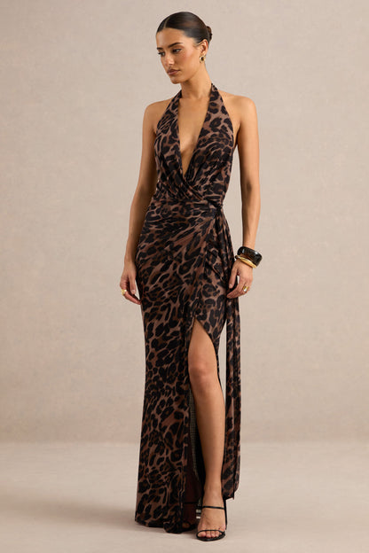 Anwen | Leopard Print Mesh V-Neck Maxi Dress With Front High Split