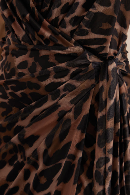 Anwen | Leopard Print Mesh V-Neck Maxi Dress With Front High Split