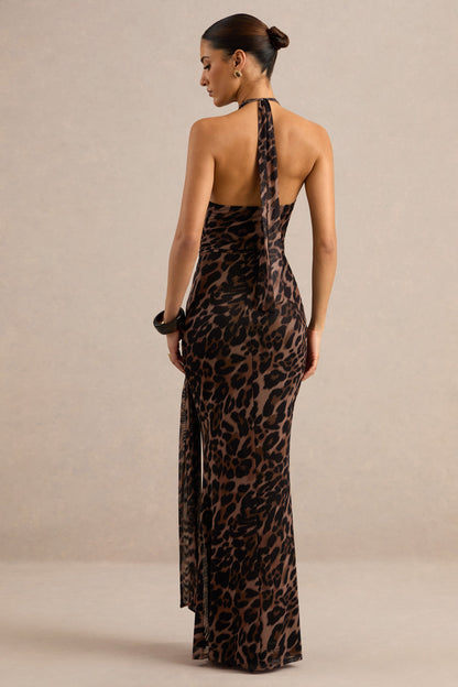Anwen | Leopard Print Mesh V-Neck Maxi Dress With Front High Split