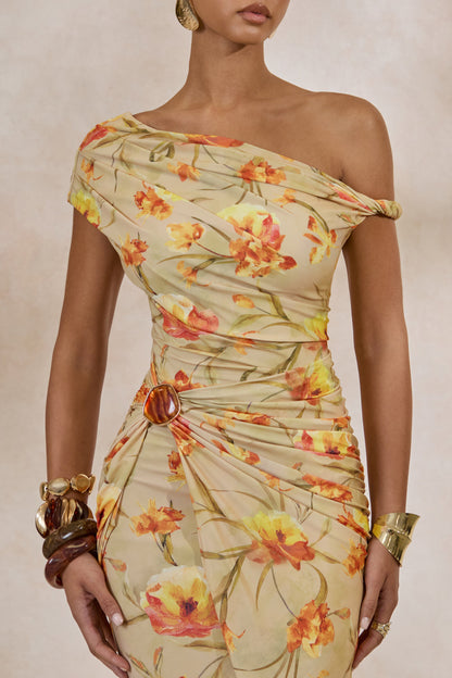 Asiya | Orange Floral Asymmetric-Neck Twist Strap Maxi Dress With Gathered Detailing