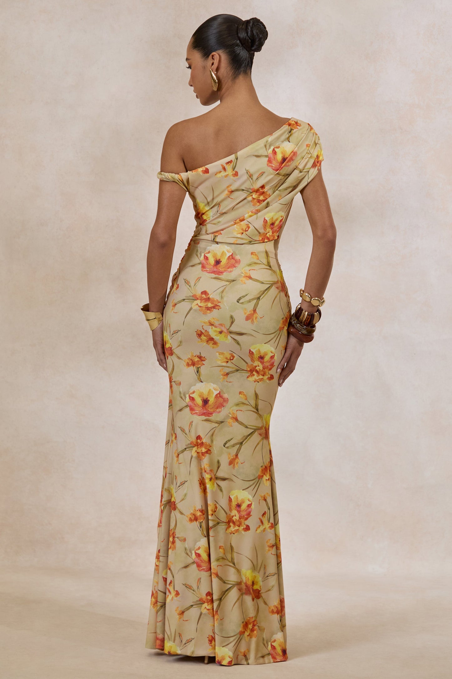 Asiya | Orange Floral Asymmetric-Neck Twist Strap Maxi Dress With Gathered Detailing