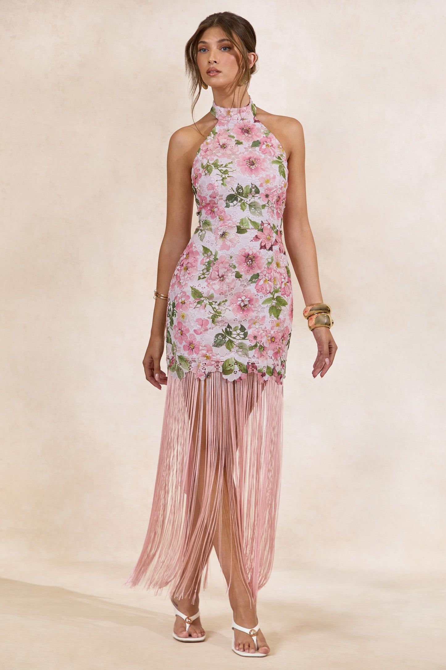 Lerisa | Pink Floral Print Lace Halter-Neck Fringed Maxi Dress