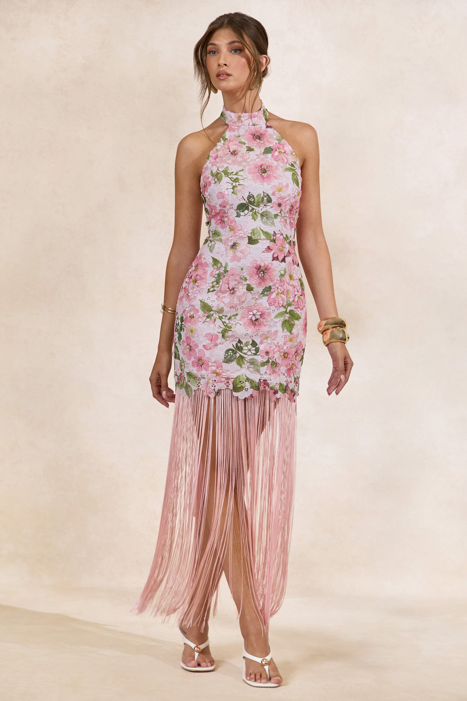 Lerisa | Pink Floral Print Lace Halter-Neck Fringed Maxi Dress