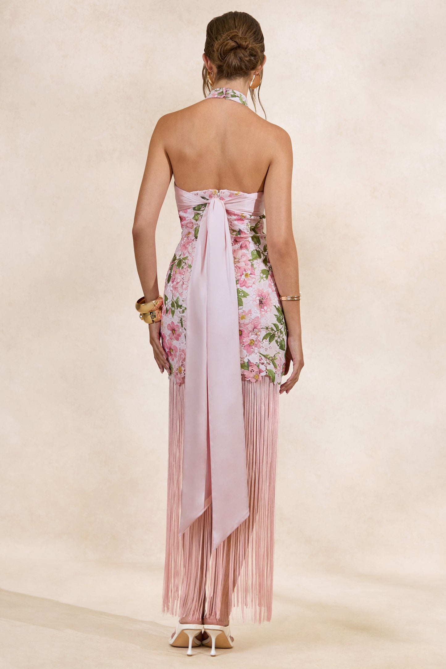 Lerisa | Pink Floral Print Lace Halter-Neck Fringed Maxi Dress