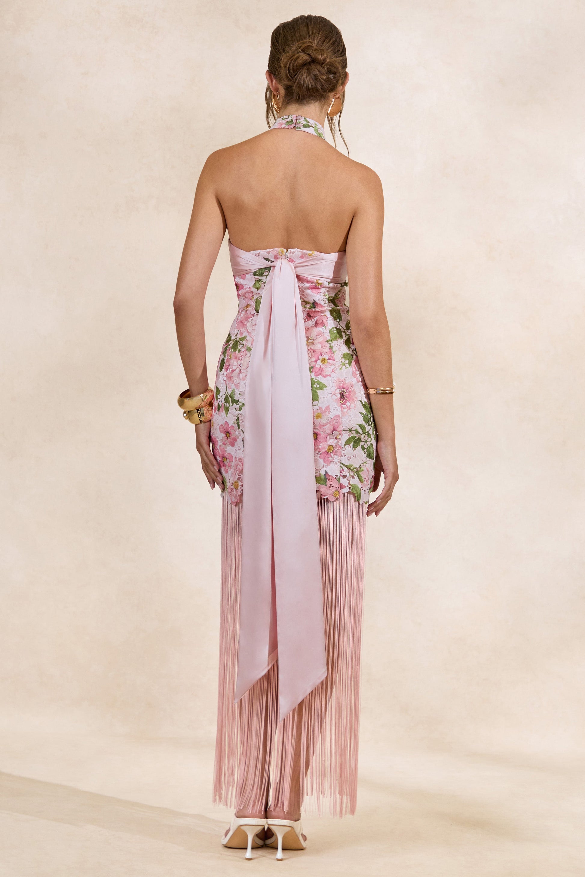 Lerisa | Pink Floral Print Lace Halter-Neck Fringed Maxi Dress