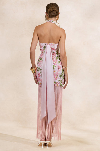 Lerisa | Pink Floral Print Lace Halter-Neck Fringed Maxi Dress
