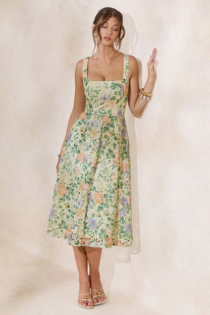 Lorielle | Lemon Floral Print Lace Square-Neck Midi Dress